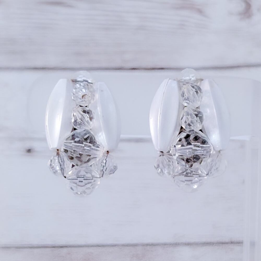 Vintage Clip On Earrings Stamped West Germany Off White & Clear Statement